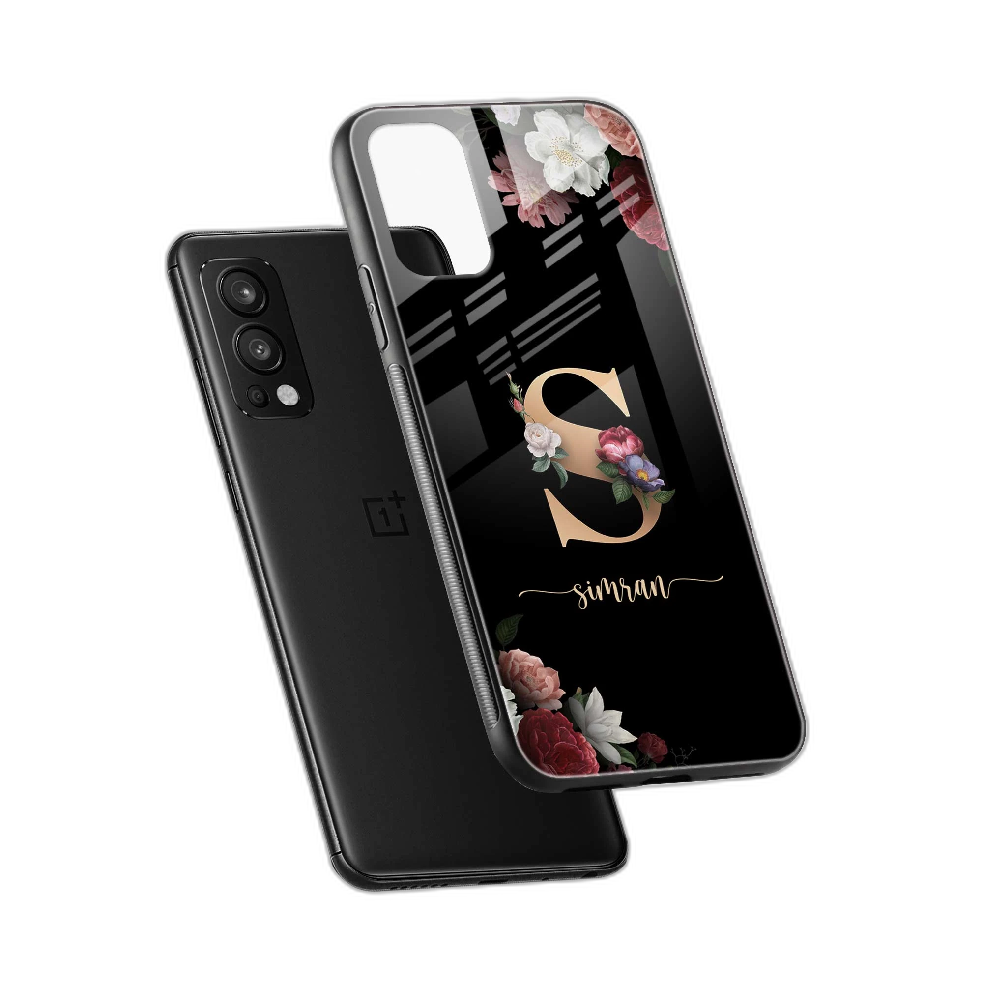 Black Floral Personalised Name OnePlus Nord 2 Back Cover view 2