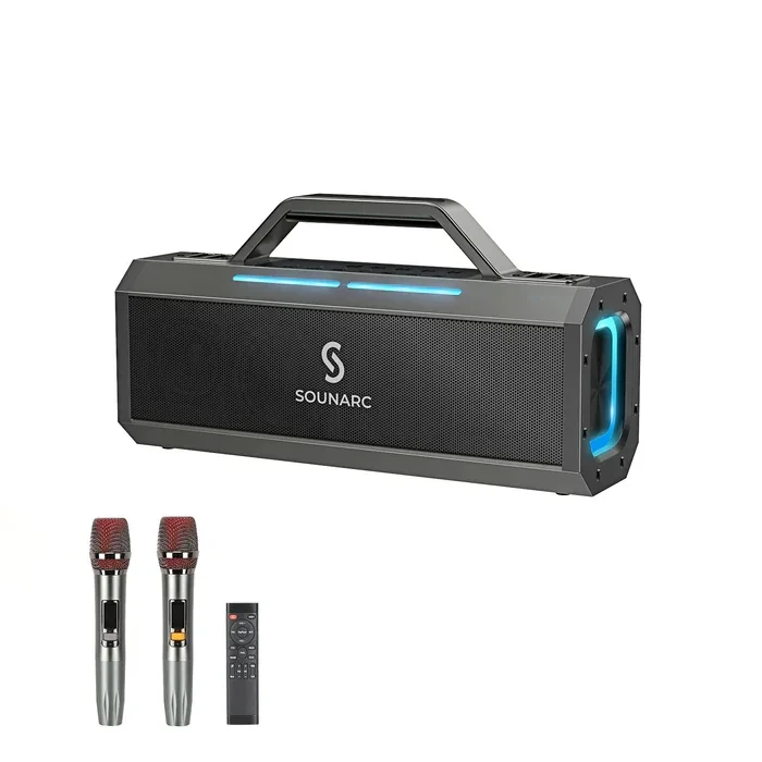 Sounarc K1 Karaoke Party Speaker 150w with Dynamic 2.2 Channel System & 2 Wireless Mics,Remote Control – Black