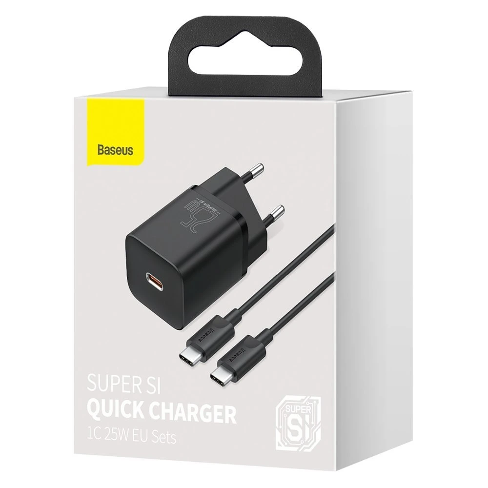 Baseus Super Si Quick Type C Adapter 25W(With Mini White Cable Type-C to Type-C 3A 1m Black)