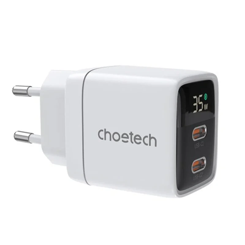 Choetech PD6051 2x USB-C PD 35W GaN wall charger with display – white