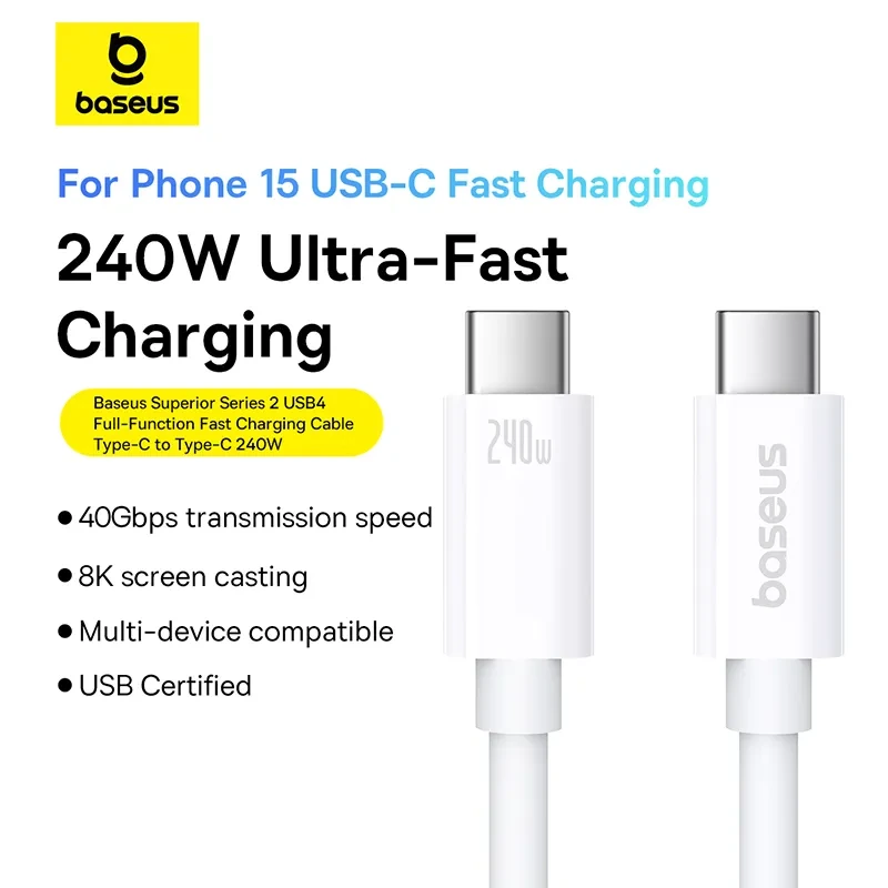 Baseus Superior Series 2 USB4 8K 40gbps Full-Function Fast Charging Cable Type-C to Type-C 240W 1m